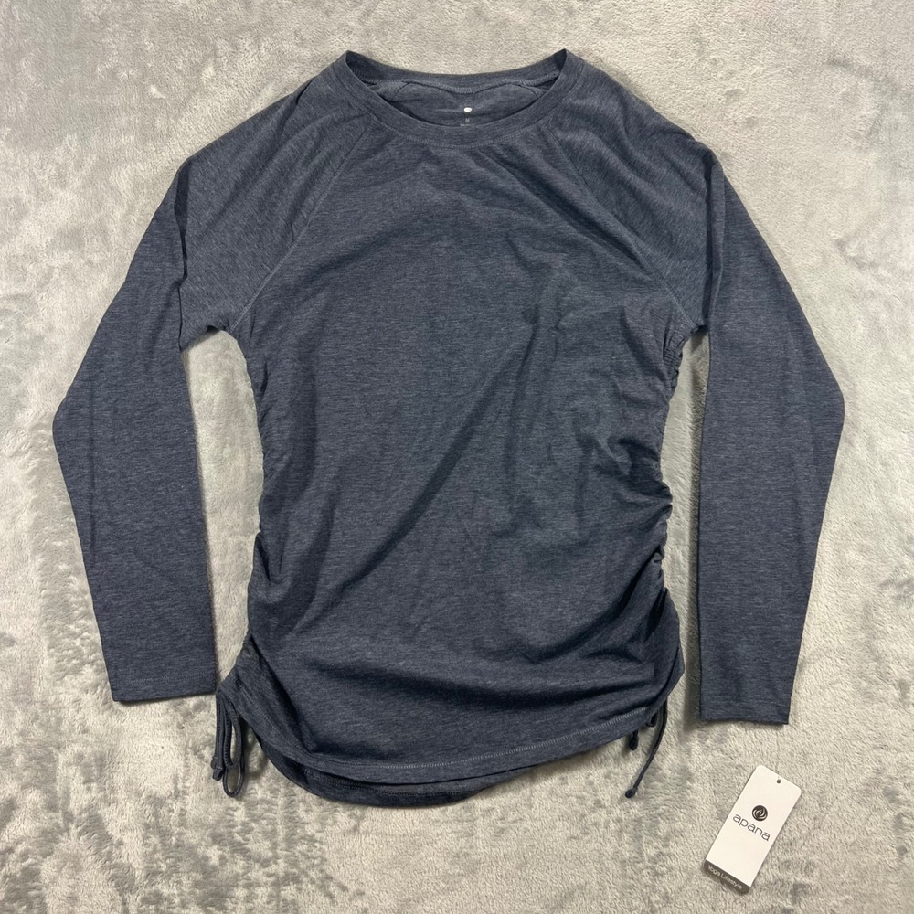 APANA Long Sleeve Top Womens Medium Blue Heather New Cinched Side Yoga AF1830